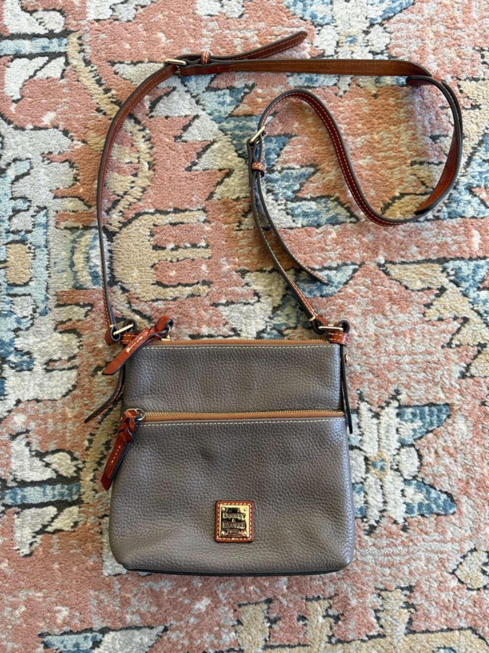 Dooney & Bourke Gray Pebble Leather Crossbody with Brown Trim
